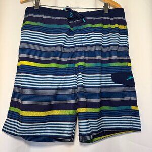 Speedo Swim Trunks Mens L Blue Green Yellow Stripe Lined Drawstring Pockets EUC